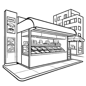 Köstlicher Kiosk mit bunten Leckereien Malvorlage für hungrige Abenteurer