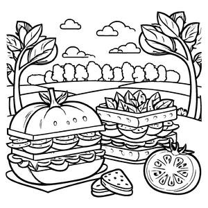 Leckeres Tomatensandwich mit spritzigen Zitronenschnitten Ausmalvorlage für fantasievolle Schleckermäuler
