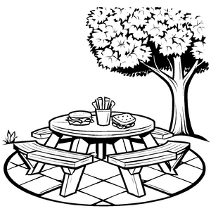 Gemütlicher Picknicktisch mit schattenspendendem Baum Ausmalbild für erfinderische Entdecker und kleine Naturfreunde