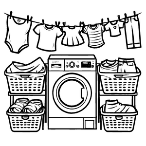 Spannende Waschmaschine mit Wäschekörben und bunten Kleidern Ausmalbild für kleine Entdecker