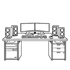 Beeindruckender Schreibtisch mit zwei Monitoren und Lautsprechern Ausmalbild für fantasievolle Technikfans