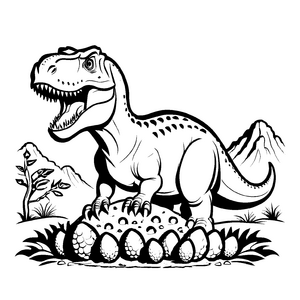 Majestätischer Tyrannosaurus Rex über Dinosaurier-Ei Ausmalbild für neugierige Dino-Forscher