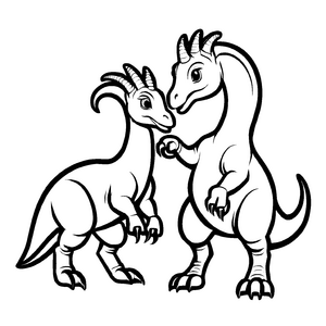 Zwei fröhliche Parasaurolophus in freundschaftlicher Pose Ausmalvorlage für neugierige Dino-Fans