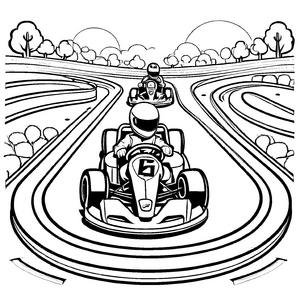 Faszinierendes Go-Kart mit Fahrer auf abenteuerlicher Strecke Ausmalmotiv für kleine Rennsportträumer