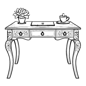 Praktischer Massivholztisch mit bunten Tassen und Pflanzen Ausmalbild für fantasievolle Entdecker und kreative Köpfe