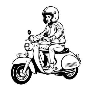 Vintage Moped mit stilvoller Fahrerin und Helm Ausmalmotiv für aufregende Entdeckerinnen