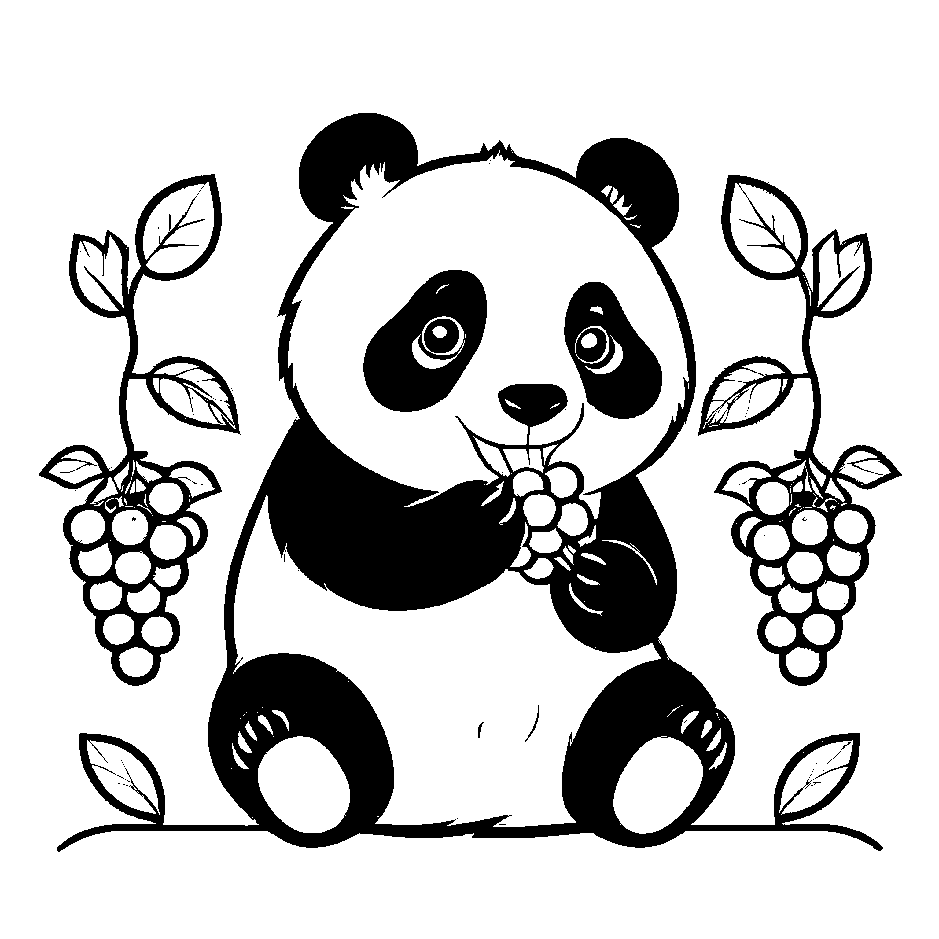 Panda-Bär genießt saftige Weintrauben Ausmalbild für fröhliche Entdecker mit großem Hunger
