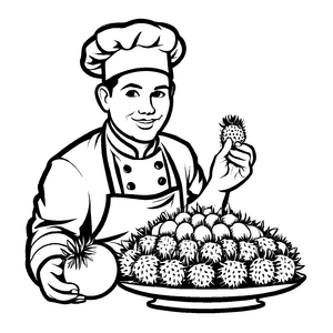 Kreativer Küchenchef mit voller Ramutan-Basket Malvorlage für flinke Fruchtelbauer