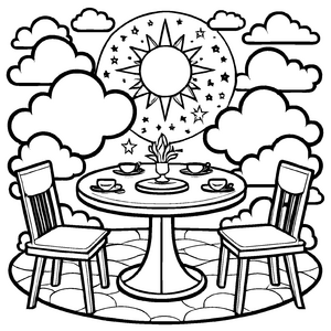 Bezaubernder Himmeltisch mit Sonnendesign und Stühlen Ausmalbild für neugierige Kinder