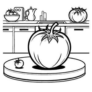 Saftiger Tomate mit buntem Obst auf Tisch Ausmalmotiva für kleine Küchenzauberer