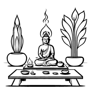 Meditativer Buddha auf asiatischem Tisch Malvorlage für friedliche Seelen