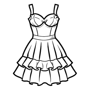 Feminines Kleid mit fröhlichen Rüschen Ausmalvorlage für strahlende Modezauberer