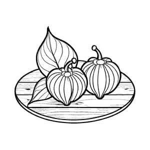 Zwei aufregende Physalis auf dekorativem Teller Ausmalbild für kleine Fruchtexperten