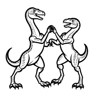 Zwei freundliche Deinonychus beim Abklatschen Ausmalbild für kleine Dino-Fans mit großen Träumen