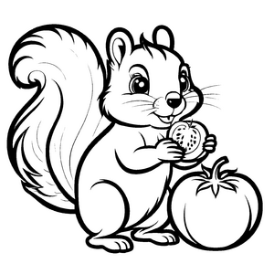 Verspieltes Eichhörnchen mit frischer Tomate Ausmalbild für neugierige Kinder