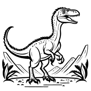 Imposanter Deinonychus vor majestätischem Berg Ausmalvorlage für abenteuerlustige Naturfreunde