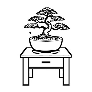 Bezaubernder Nachttisch mit traditionellem Bonsai und Steinen Ausmalbild für kleine Gestaltungskünstler
