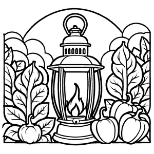 Paprika-Lampe mit leuchtendem Feuer und Kürbissen Ausmalbild für kreative Köpfe
