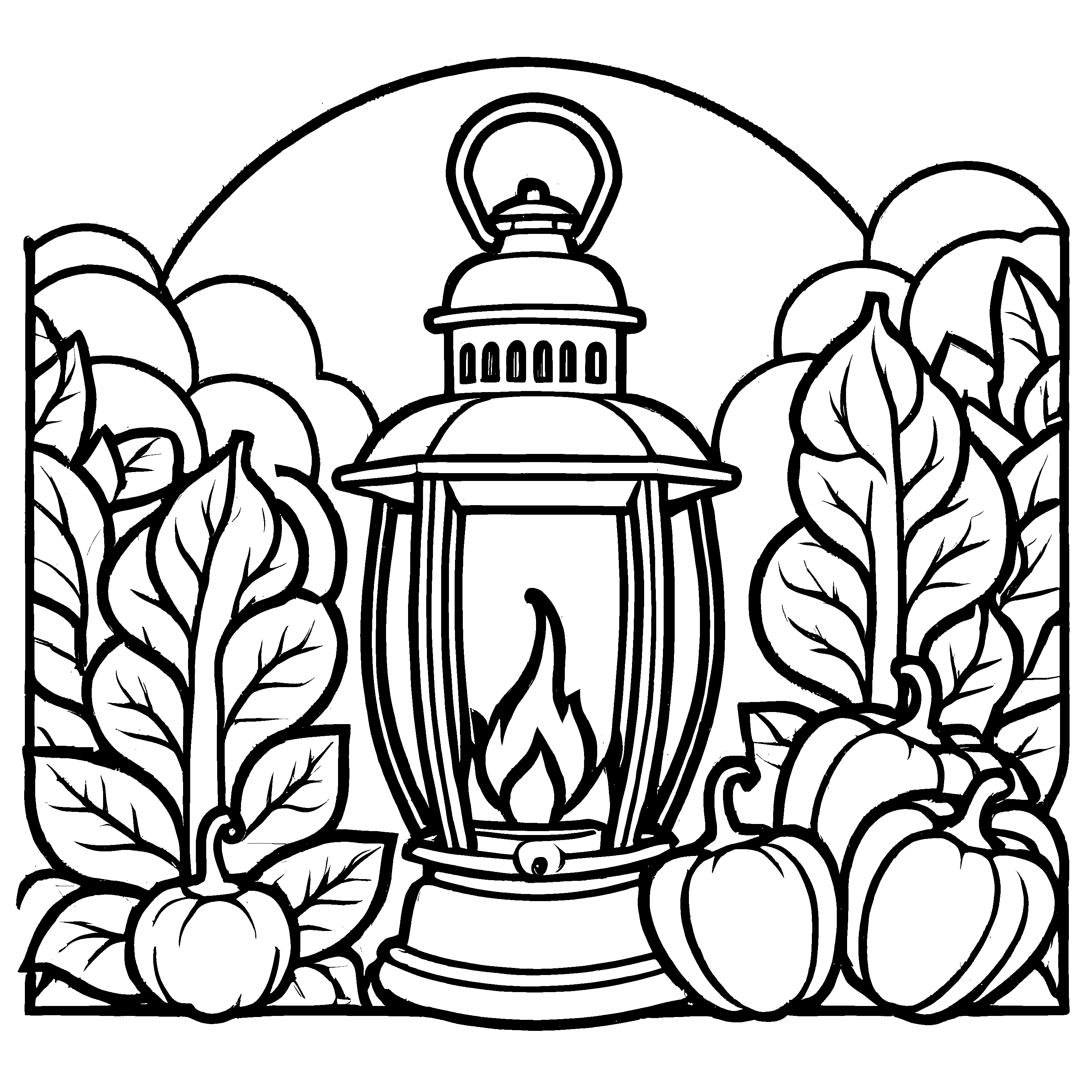 Paprika-Lampe mit leuchtendem Feuer und Kürbissen Ausmalbild für kreative Köpfe