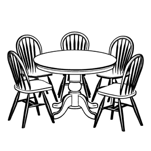 Klassisches Esszimmer-Set mit runden Tisch und rustikalen Stühlen Ausmalvorlage für kleine Einrichtungszauberer