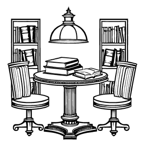 Antiker runder Tisch mit bunten Büchern und Lampen Malvorlage für wissbegierige Leseratten und junge Ideenentwickler