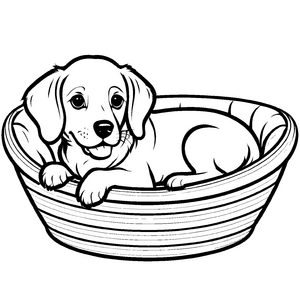 Liebevolle Hundekörbchen-Malvorlage für den Bastelspaß