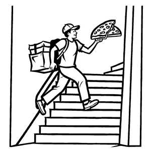 Eiliger Pizzabote mit köstlicher Lieferung auf den Treppen Malvorlage für abenteuerlustige kleine Essensentdecker