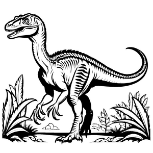 Furchtloser Velociraptor zwischen Bäumen Ausmalmotiv für kleine Dino-Forscher
