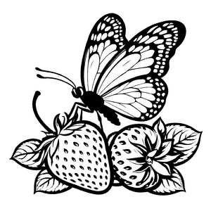 Delikate Erdbeere mit zauberhaftem Schmetterling Ausmalvorlage für träumerische Naturfreunde