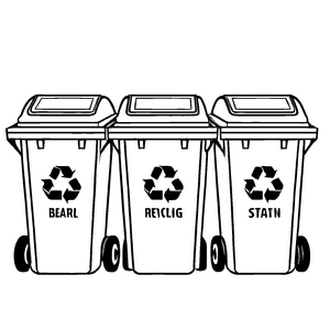 Drei farbenfrohe Recyclingtonnen mit spannenden Botschaften Ausmalbild für kleine Umweltpioniere