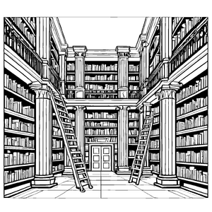 Beeindruckende Bibliothek mit hohen Regalen und Geheimtüren Ausmalbild für wagemutige kleine Entdecker
