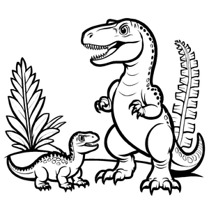 Fröhlicher Allosaurus mit seinem kleinen Kind Malvorlage für mutige Mini-Abenteurer