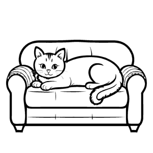 Schwarz-weiße Katze auf gemütlicher Couch Ausmalbild für kleine Tierliebhaber