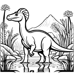 Majestätischer Parasaurolophus am glitzernden Wasser Ausmalbild für fantasievolle Dinosaurier-Freunde