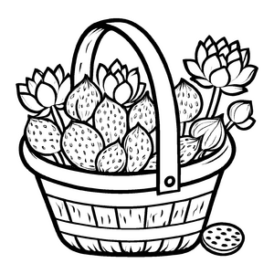 Fantasievolle Obstkörbe mit leuchtenden Lotusblüten Malvorlage für kleine Entdeckerherzen