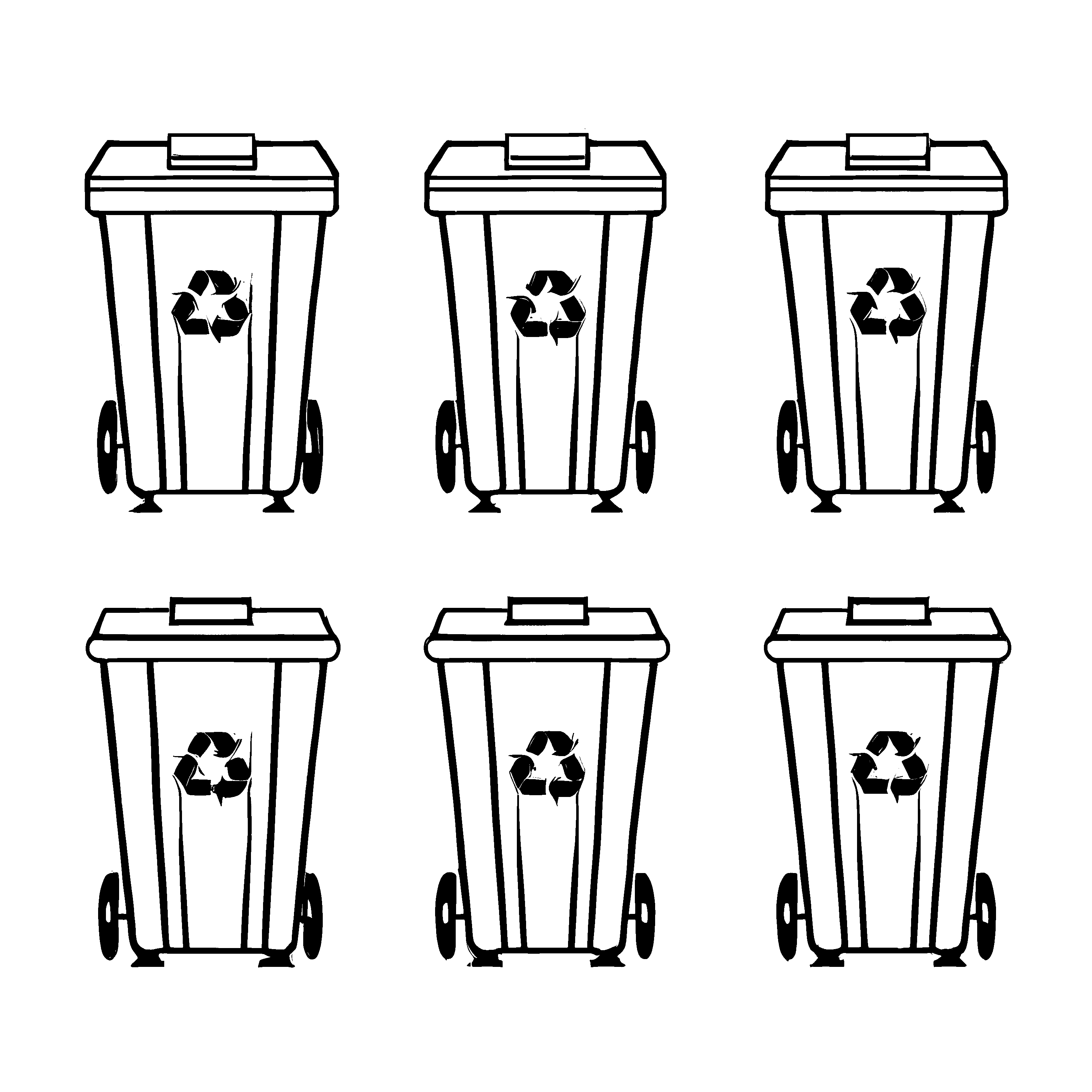 Sechs elegante Recyclingtonnen auf schwarzem Hintergrund Ausmalbild für umweltbewusste Mini-Entdecker