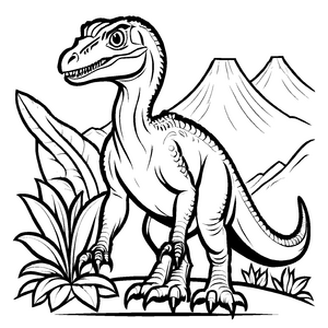 Majestätischer Velociraptor vor bergiger Kulisse Ausmalmotiv für neugierige Dino-Fans
