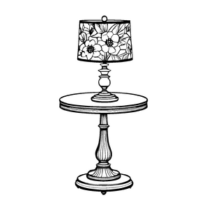 Bezaubernder runder Tisch mit blumigem Lampenschirm Malvorlage für fantasievolle Gestalter und kleine Raumerforscher