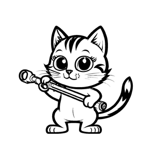 Verspielte Katze mit geheimnisvollem Werkzeug Ausmalbild für neugierige Entdecker