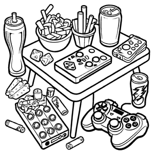 Lebendiger Gaming-Tisch mit Snacks und Controllern Ausmalmotiv für neugierige Spieleschmiede