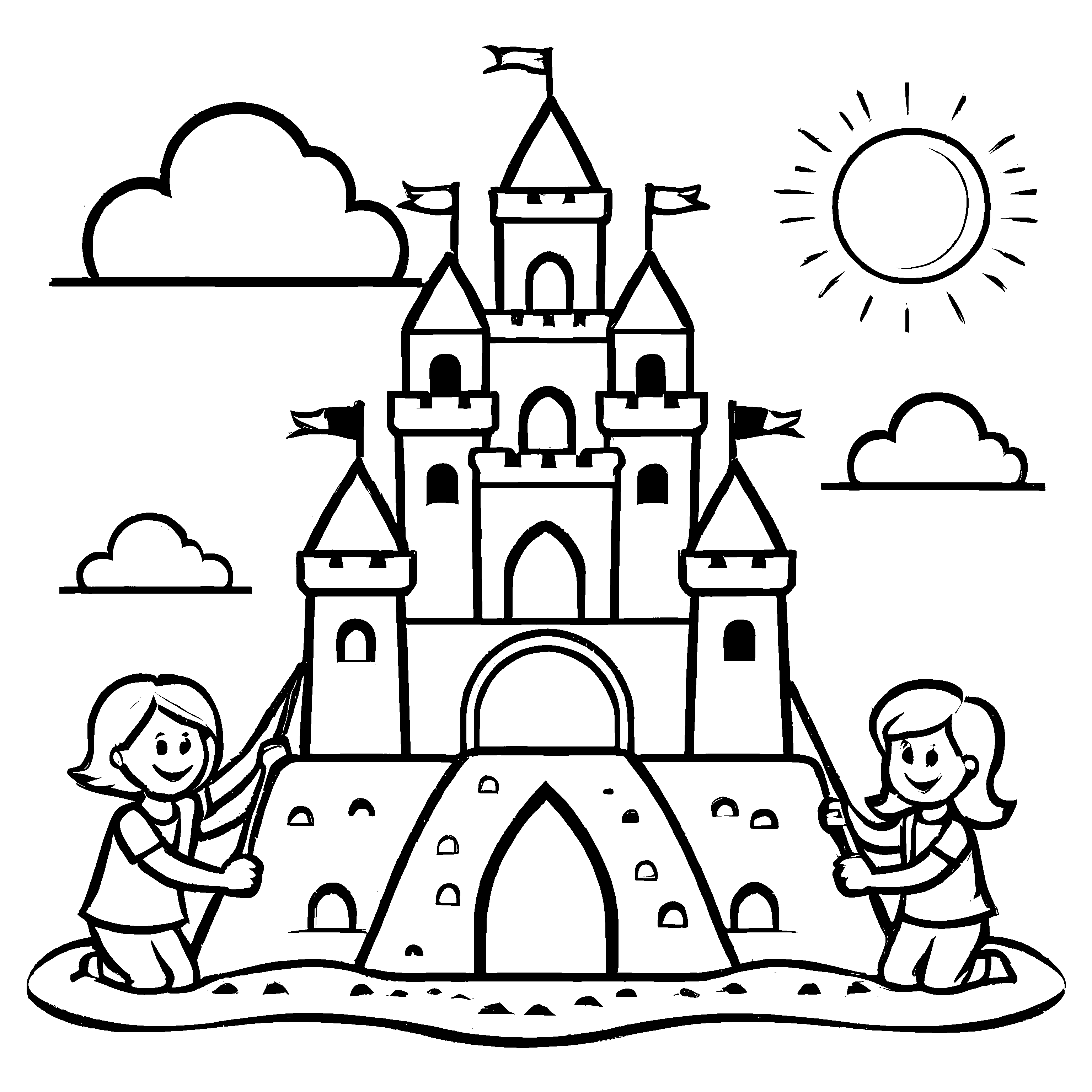 Fantasievolles Sandburgen-Malbild für Kinder