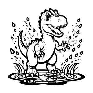 Majestätischer Tyrannosaurus Rex im Regenpfütze Ausmalvorlage für kleine Dino-Abenteurer