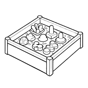 Spielerische Sandkastenlandschaft mit bunten Formen Ausmalbild für kleine Entdeckerreisende
