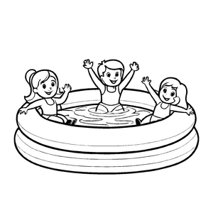 Drei fröhliche Kinder im runden Pool Ausmalbild für frohe Wasserratten