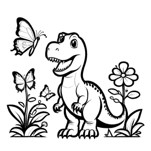 Gigantischer Tyrannosaurus Rex mit buntem Schmetterling Ausmalbild für kleine Entdecker des Urzeitalters
