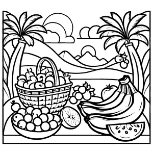 Verführerische Banane im kunstvollen Obstkorb Ausmalbild für kleine Fruchtenthusiasten