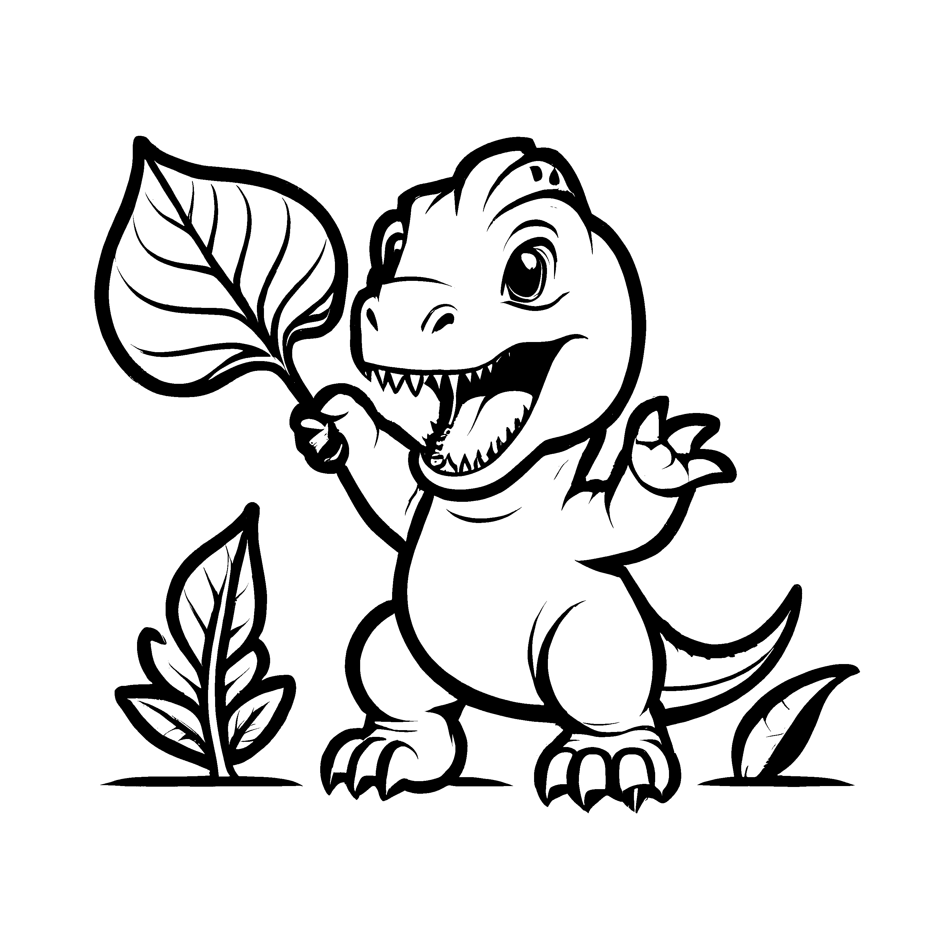 Verspielt lächelnder Tyrannosaurus Rex mit Blatt Ausmalvorlage für fröhliche kleine Entdecker