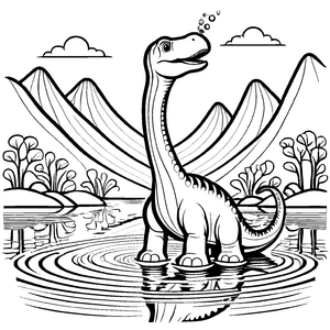 Charmanter Diplodocus am funkelnden Gewässer Ausmalvorlage für kleine Abenteuerlustige mit Forscherdrang
