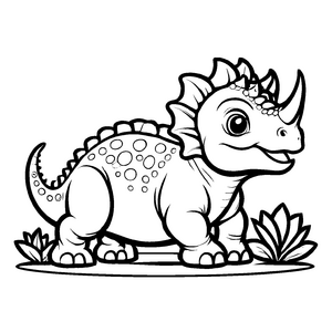Majestätischer Triceratops in blühendem Pflanzenfeld Malvorlage für kleine Entdecker mit Abenteuergeist