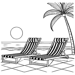 Fantasievolle Strandliegen-Ausmalvorlage zum fantasievollen Ausmalen